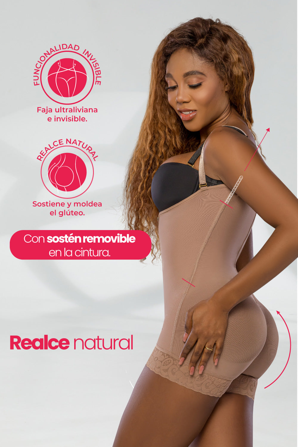 - Faja corta SMI7086 LA PROVOCATIVA con cierre frontal y realce natural
- Vista posterior de faja SMI7086 con encaje siliconado y soporte lateral
- Detalle del sistema de broches y panty Ultrainvisible incluido en SMI7086