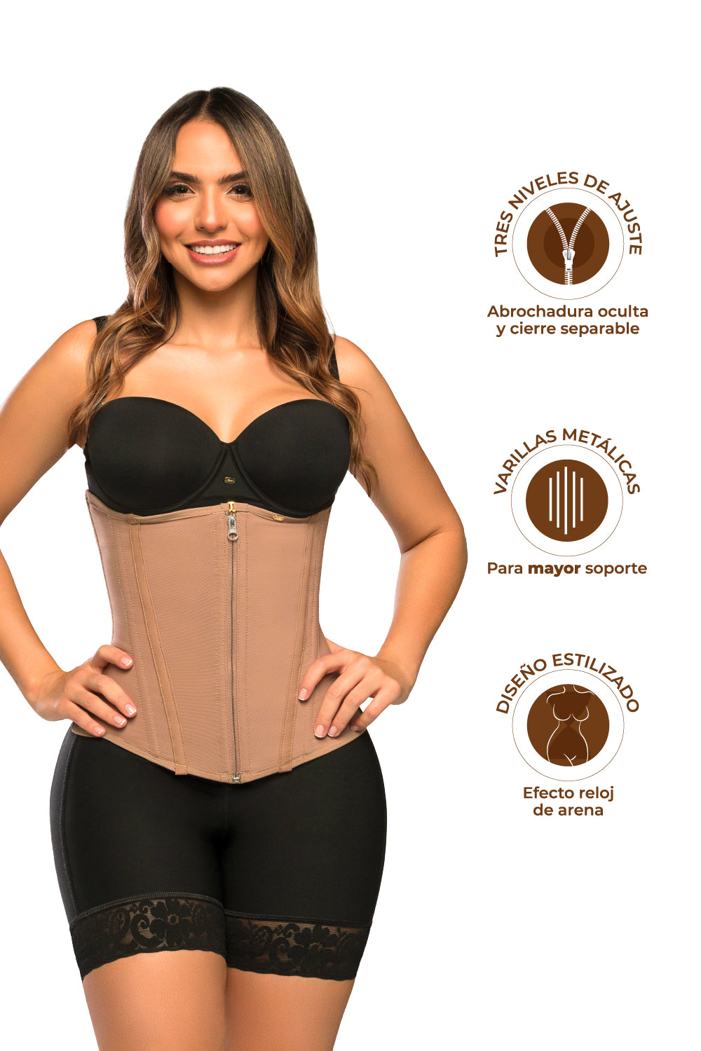 - Cinturilla SMI2025 con doble cierre y compresión estética
- Vista lateral mostrando el soporte lumbar
- Estructura anatómica que define la cintura sin incomodar