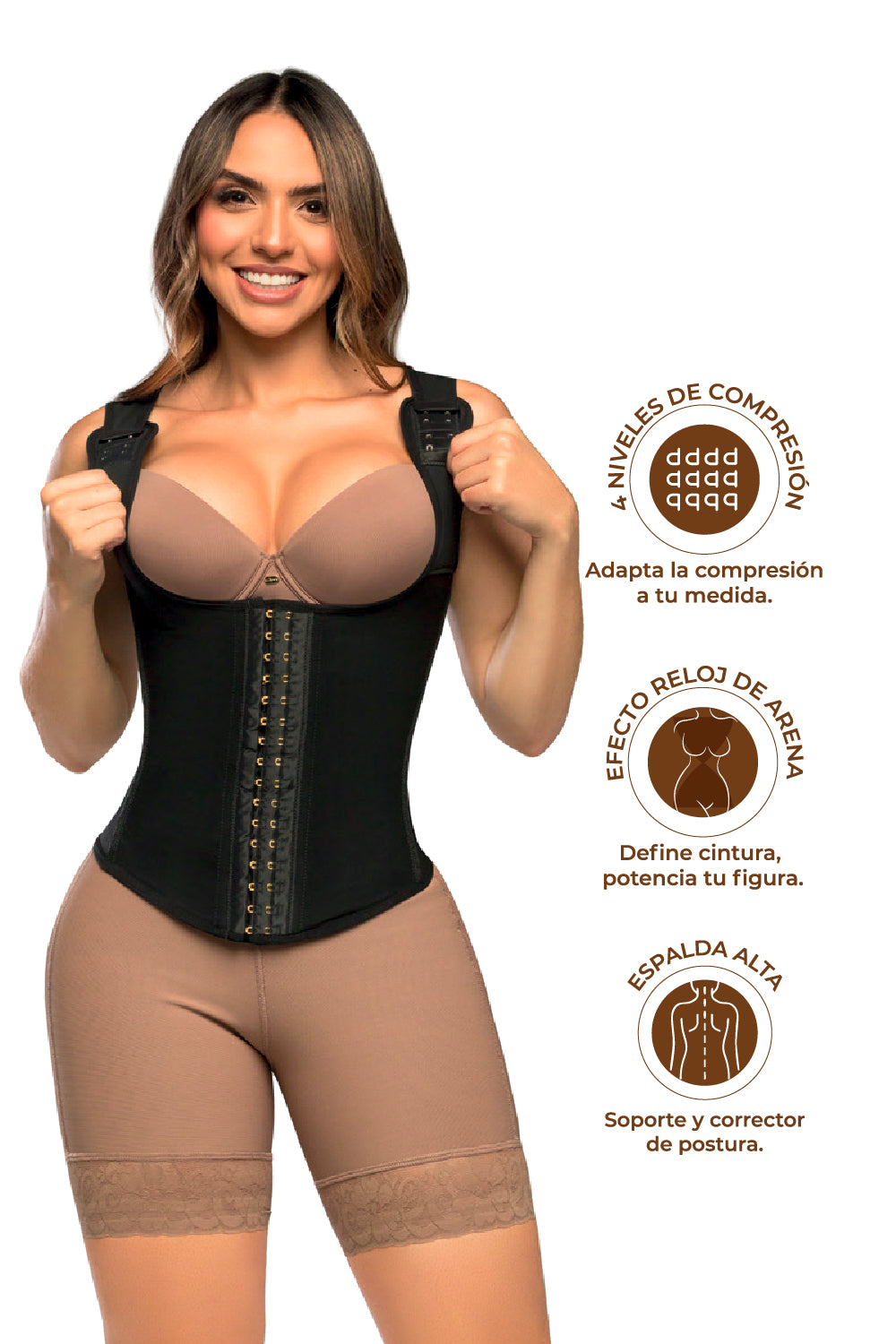 - Cinturilla tipo chaleco SMI2029 con espalda alta y broches
- Vista frontal con varillas moldeadoras y compresión abdominal
- Prenda reductora con 4 niveles de ajuste y diseño ergonómico