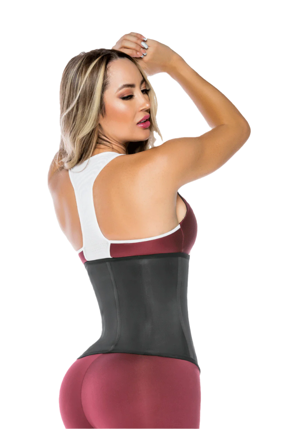 - Cinturilla térmica negra SMI2004 con broches multinivel
- Vista lateral del waist trainer con efecto reductor
- Interior con textura de algas marinas para moldeo y suavidad