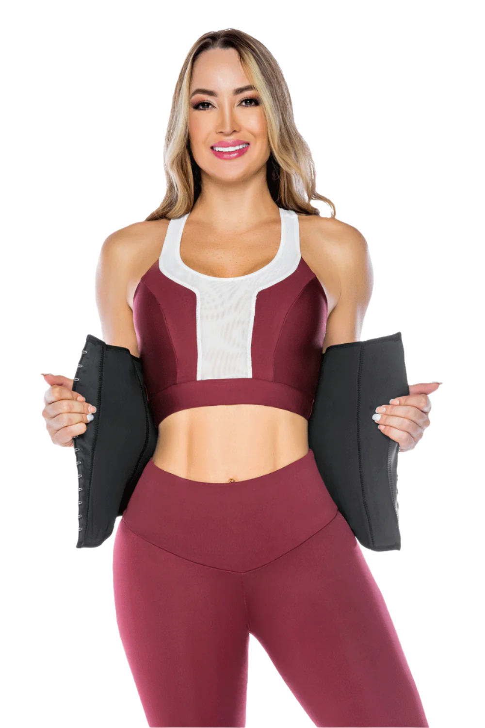 - Cinturilla térmica negra SMI2004 con broches multinivel
- Vista lateral del waist trainer con efecto reductor
- Interior con textura de algas marinas para moldeo y suavidad