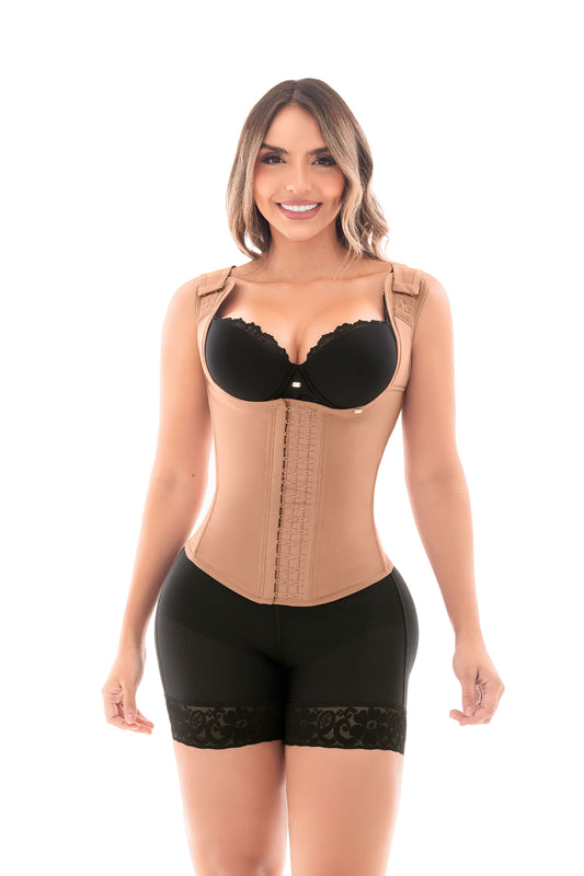 - Cinturilla tipo chaleco SMI2029 con espalda alta y broches
- Vista frontal con varillas moldeadoras y compresión abdominal
- Prenda reductora con 4 niveles de ajuste y diseño ergonómico