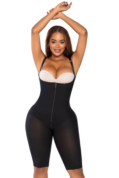 - Faja SMI7087 LA GLAMUROSA hasta la rodilla con soporte lateral removible
- Vista frontal con cierre y detalle de broches internos
- Parte posterior con efecto lifting y encaje siliconado