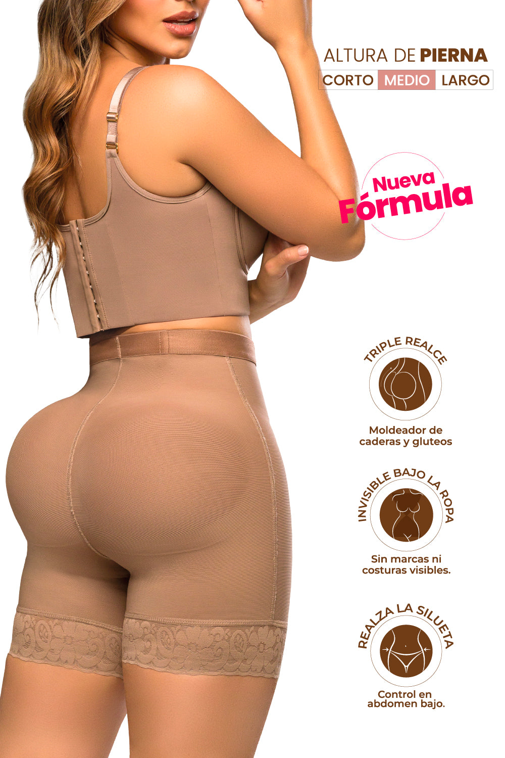 - Panty SMI04024 Ultrainvisible con triple realce y talle medio
- Vista posterior del panty moldeador media pierna SMI04024
- Detalle de encaje en piernas y compresión abdominal del SMI04024