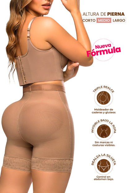 - Panty SMI04024 Ultrainvisible con triple realce y talle medio
- Vista posterior del panty moldeador media pierna SMI04024
- Detalle de encaje en piernas y compresión abdominal del SMI04024