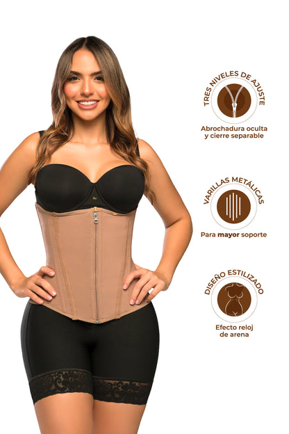 - Cinturilla SMI2025 con doble cierre y compresión estética
- Vista lateral mostrando el soporte lumbar
- Estructura anatómica que define la cintura sin incomodar