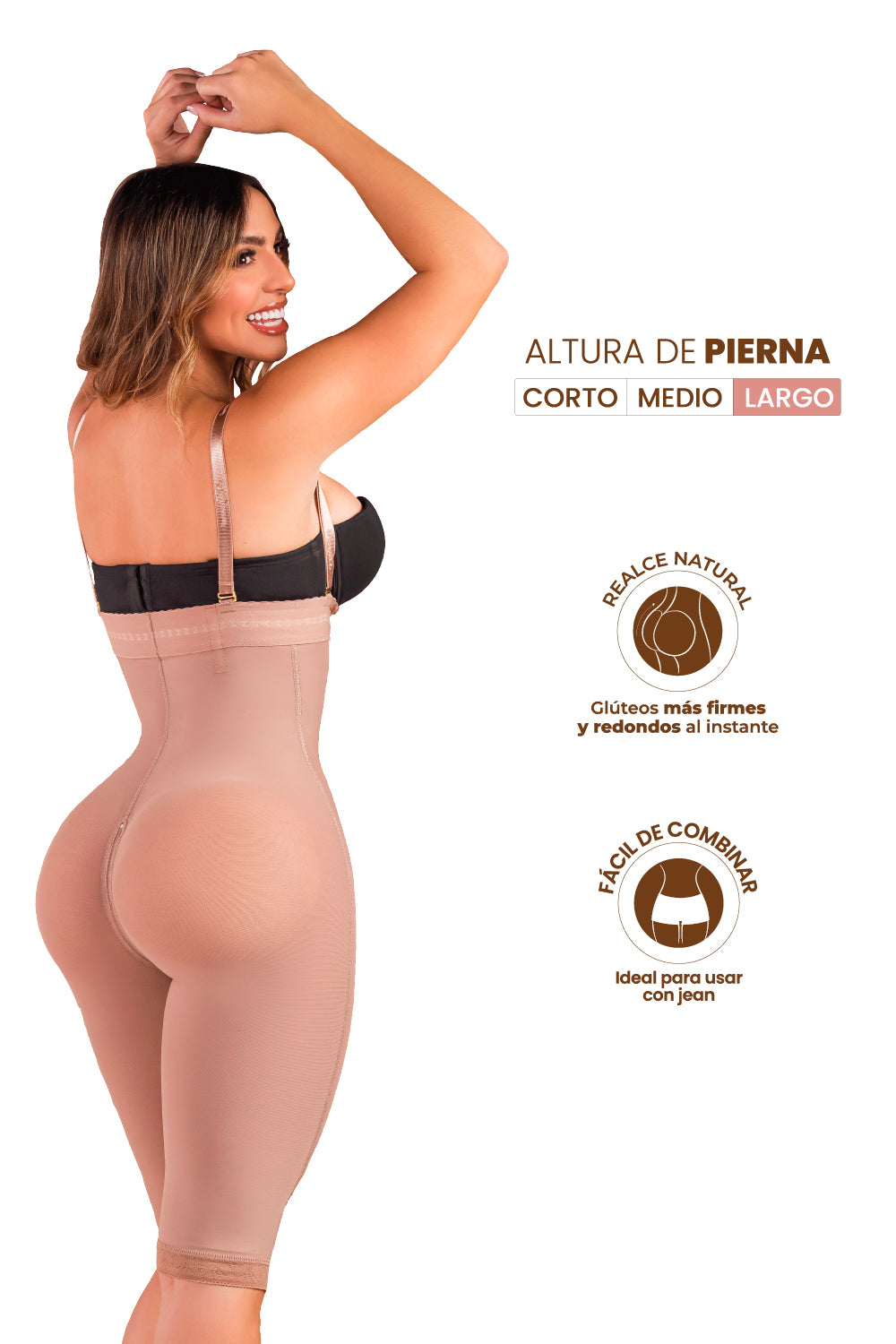 - Faja SMI7108 SECRETO hasta la rodilla sin tirantes con efecto lifting
- Detalle del cierre frontal y sistema perineal en la faja SECRETO
- Vista posterior sin costuras y panty invisible incluido