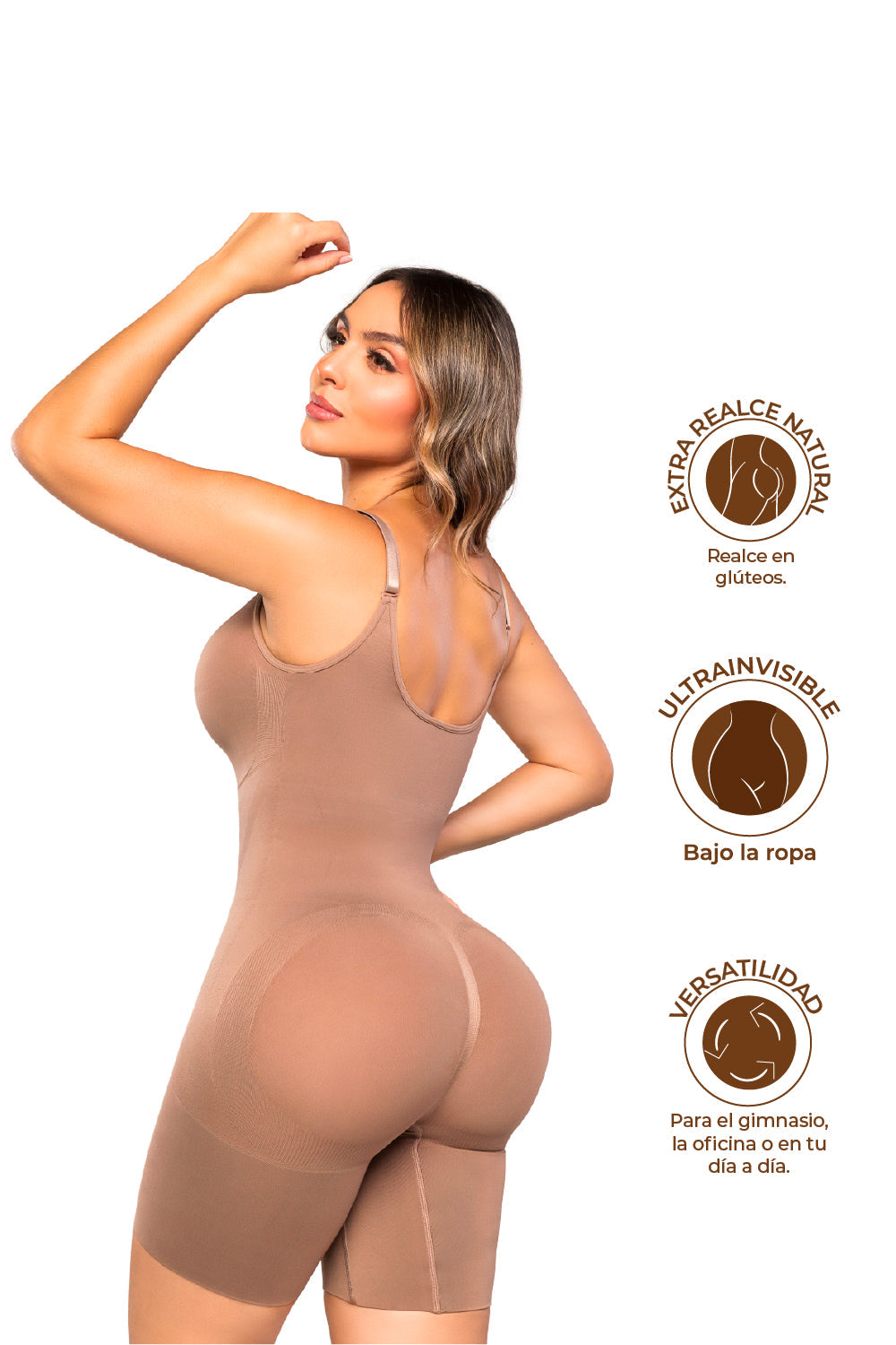 - Body faja invisible espalda alta con compresión media
- Efecto lifting natural en zona posterior con espalda cubierta
- Body moldeador con tirantes cruzados o rectos